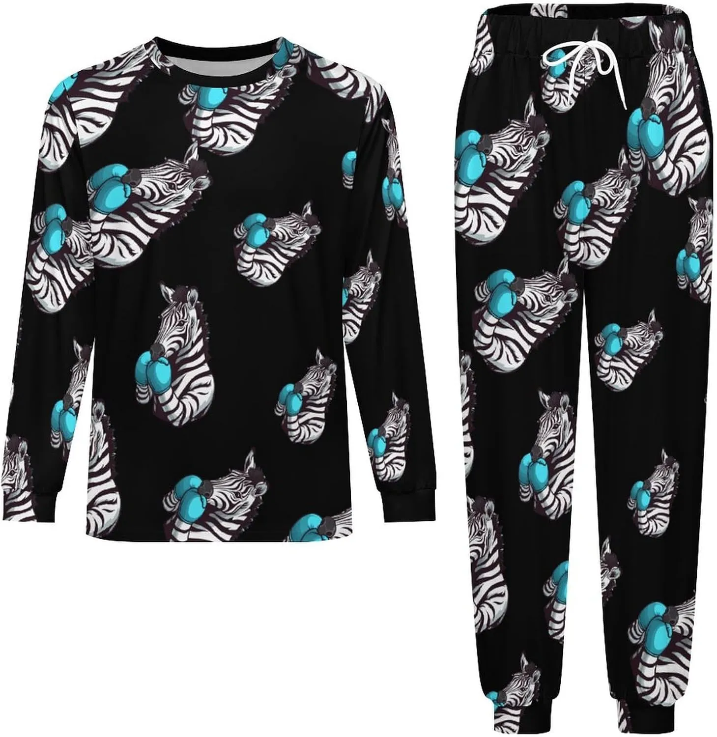 Boxing Zebra Men's Pajamas Sets Round Neck Long Sleeve Shirts And Bottoms 2 Piece Pjs Loungewear
