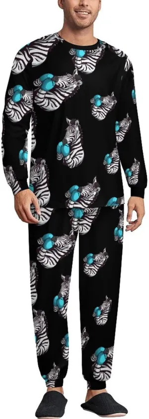 Boxing Zebra Men's Pajamas Sets Round Neck Long Sleeve Shirts And Bottoms 2 Piece Pjs Loungewear