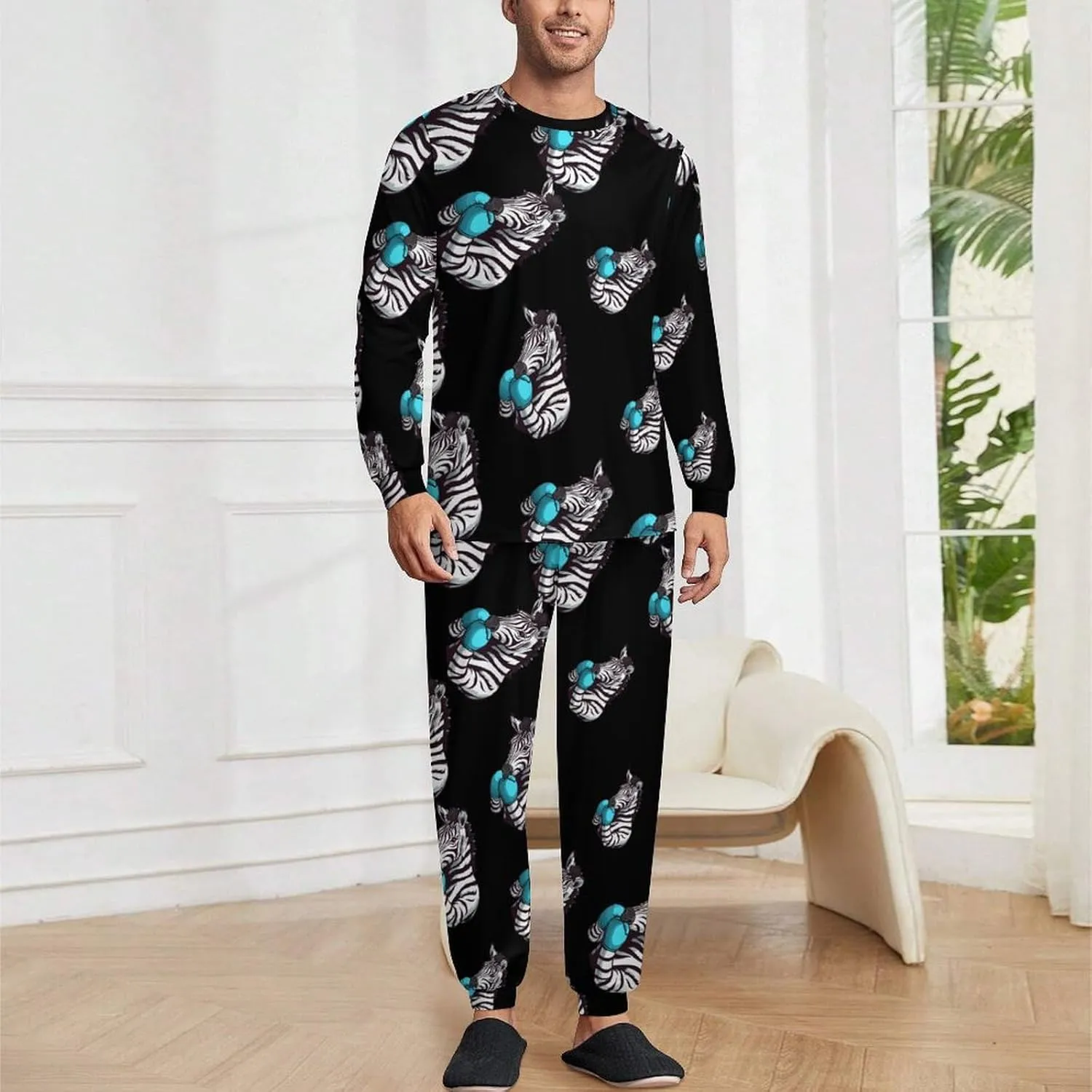 Boxing Zebra Men's Pajamas Sets Round Neck Long Sleeve Shirts And Bottoms 2 Piece Pjs Loungewear