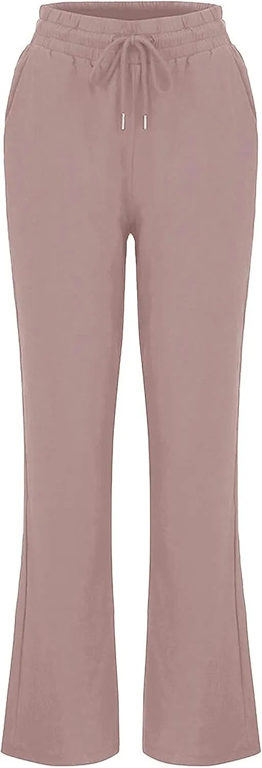 BZGTZT Linen Pants for Women Summer Casual Loose Drawstring Elastic High Waist Comfy Trousers Straight Leg Long Lounge Pant