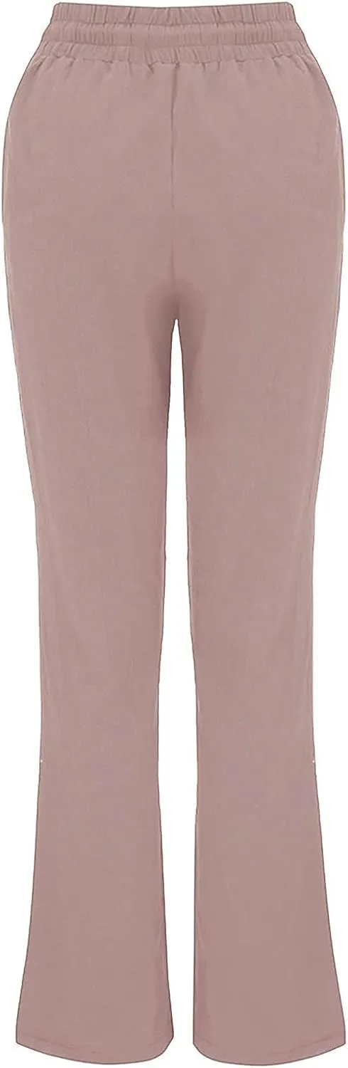 BZGTZT Linen Pants for Women Summer Casual Loose Drawstring Elastic High Waist Comfy Trousers Straight Leg Long Lounge Pant