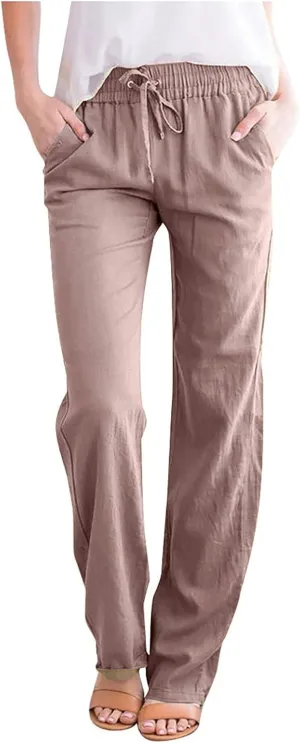 BZGTZT Linen Pants for Women Summer Casual Loose Drawstring Elastic High Waist Comfy Trousers Straight Leg Long Lounge Pant