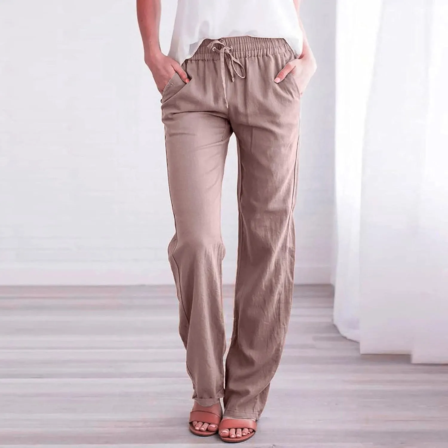 BZGTZT Linen Pants for Women Summer Casual Loose Drawstring Elastic High Waist Comfy Trousers Straight Leg Long Lounge Pant