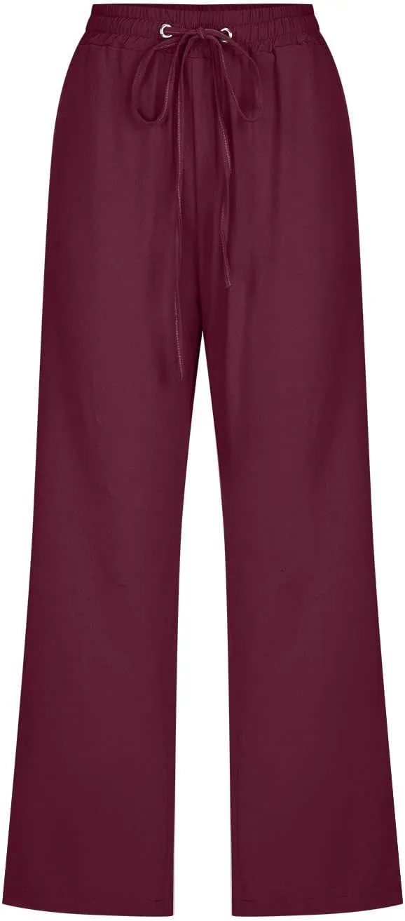 BZGTZT Linen Pants for Women Wide Leg Capris Summer Casual Loose Elastic Drawstring High Waist Cropped Trousers with Pocket