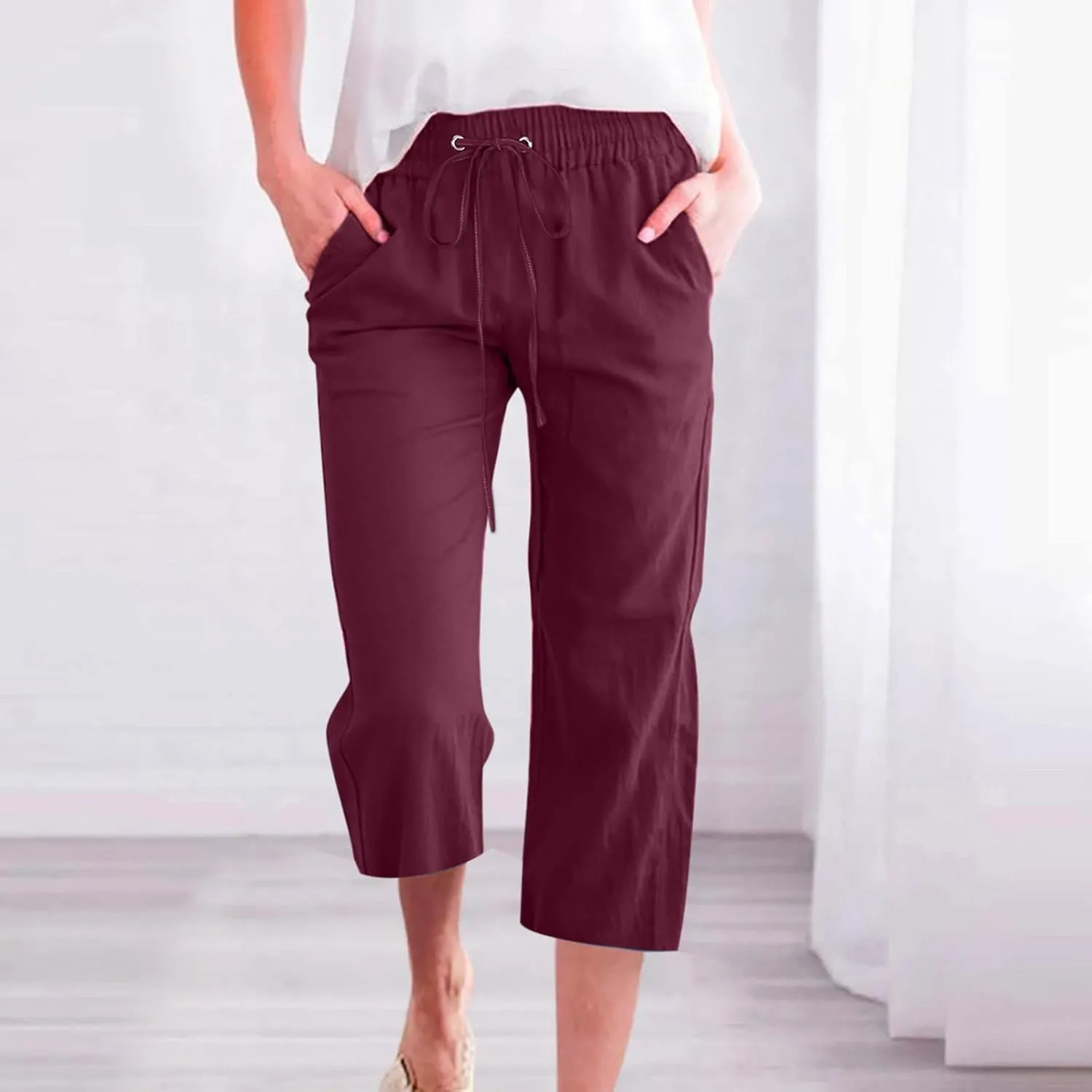 BZGTZT Linen Pants for Women Wide Leg Capris Summer Casual Loose Elastic Drawstring High Waist Cropped Trousers with Pocket