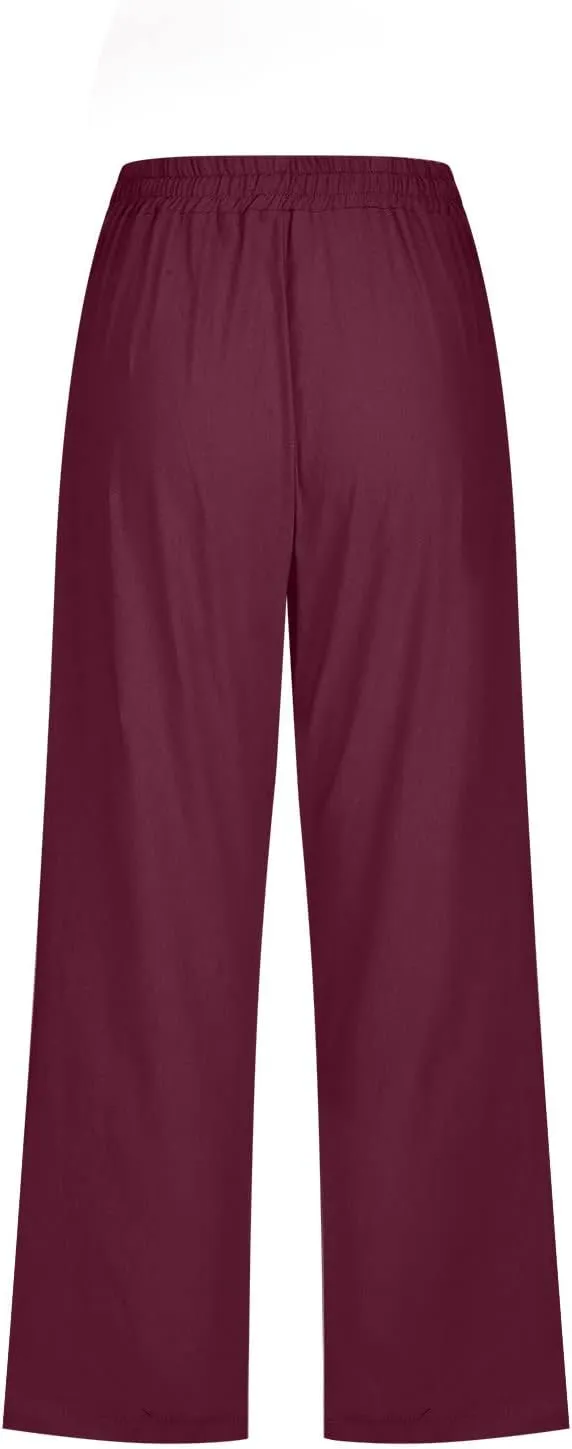 BZGTZT Linen Pants for Women Wide Leg Capris Summer Casual Loose Elastic Drawstring High Waist Cropped Trousers with Pocket