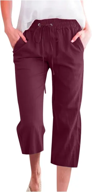 BZGTZT Linen Pants for Women Wide Leg Capris Summer Casual Loose Elastic Drawstring High Waist Cropped Trousers with Pocket