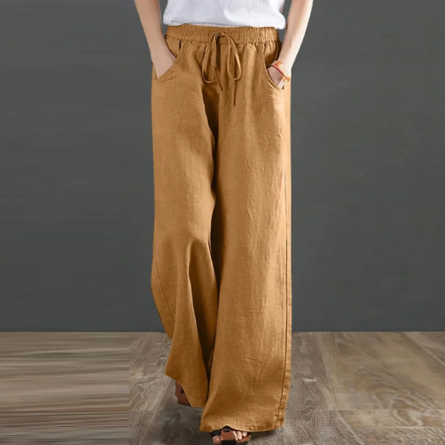 BZGTZT Linen Pants for Women Wide Leg Casual Summer Elastic High Waisted Palazzo Pant Baggy Flowy Beach Trouser with Pocket