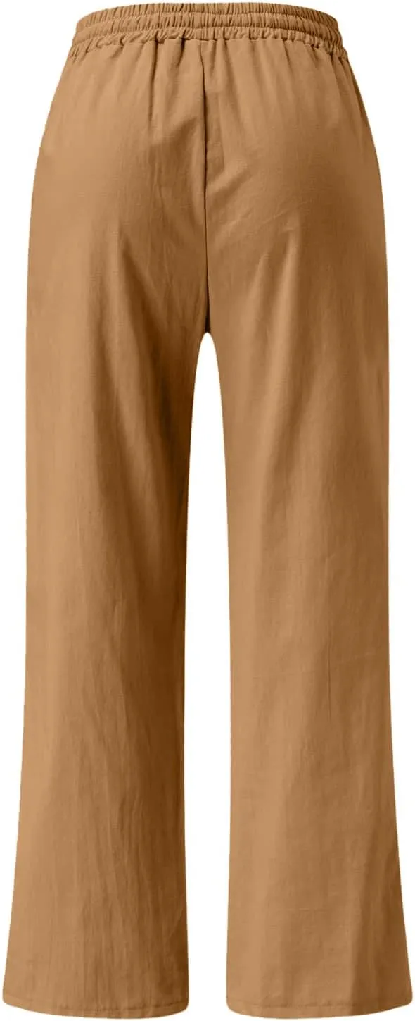 BZGTZT Linen Pants for Women Wide Leg Casual Summer Elastic High Waisted Palazzo Pant Baggy Flowy Beach Trouser with Pocket