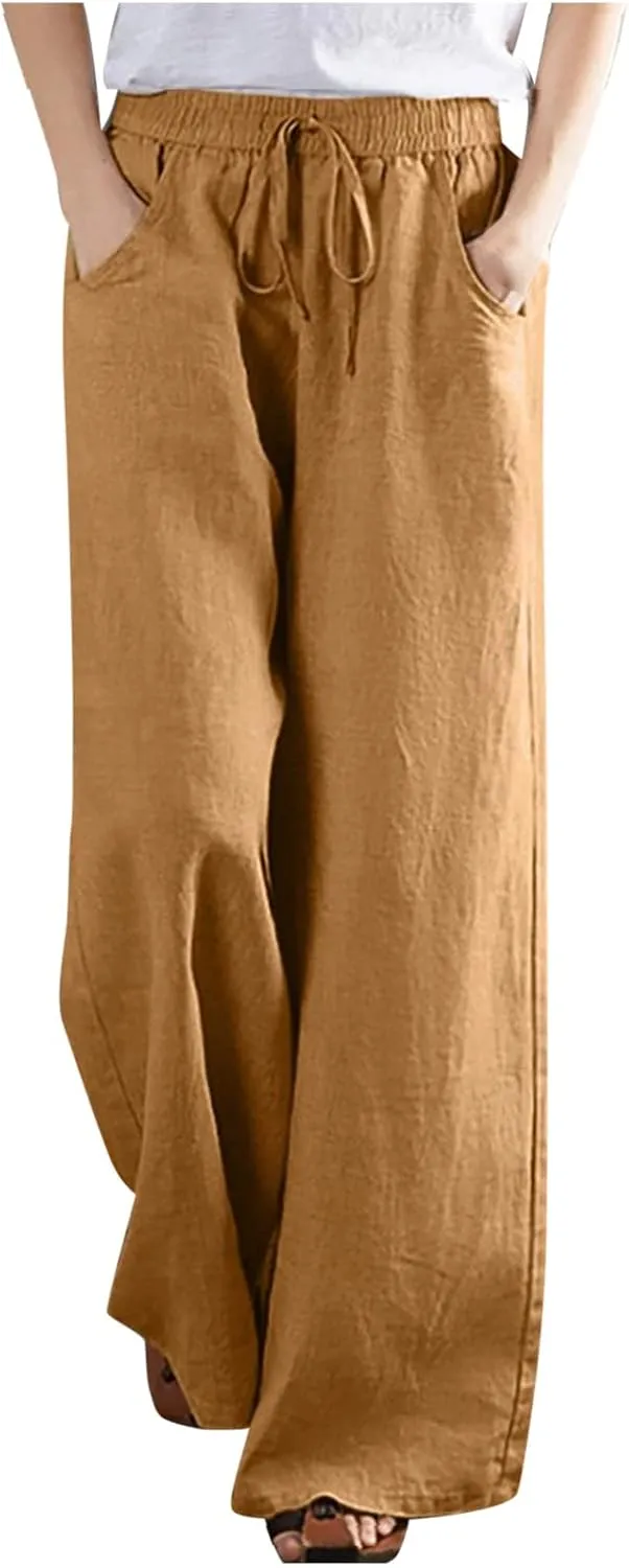 BZGTZT Linen Pants for Women Wide Leg Casual Summer Elastic High Waisted Palazzo Pant Baggy Flowy Beach Trouser with Pocket