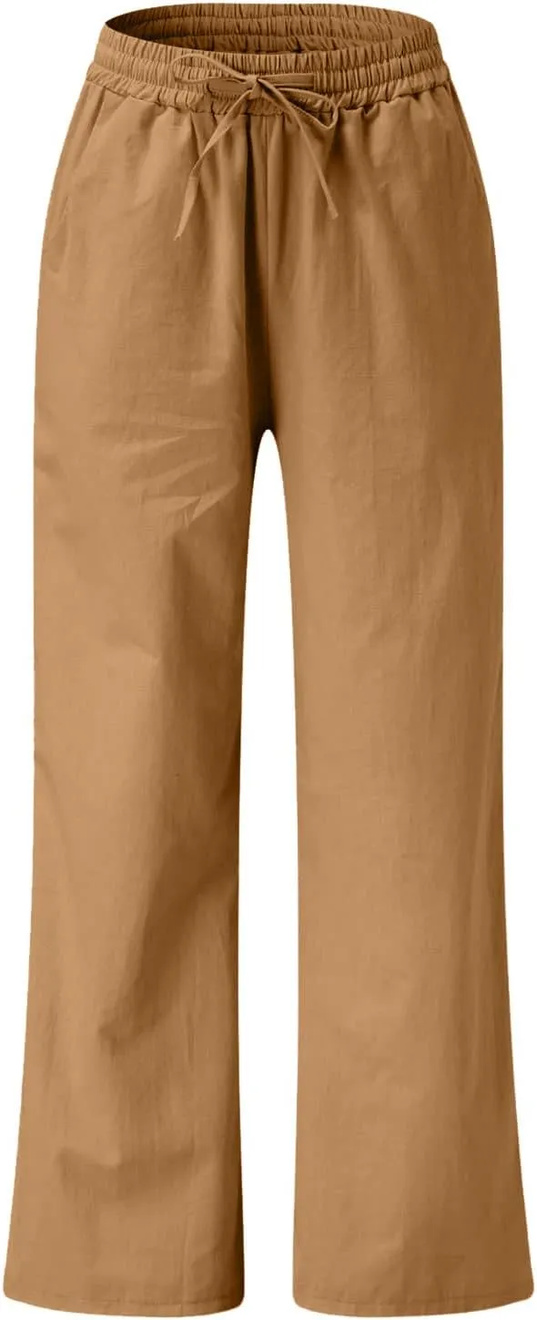 BZGTZT Linen Pants for Women Wide Leg Casual Summer Elastic High Waisted Palazzo Pant Baggy Flowy Beach Trouser with Pocket