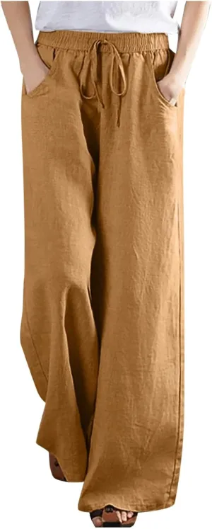BZGTZT Linen Pants for Women Wide Leg Casual Summer Elastic High Waisted Palazzo Pant Baggy Flowy Beach Trouser with Pocket