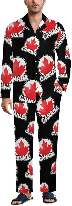 Canada Maple Leaf 2 PCS Men Pajama Set Long Sleeve Button-down Shirts Tops & Sleep Pants Loungewear