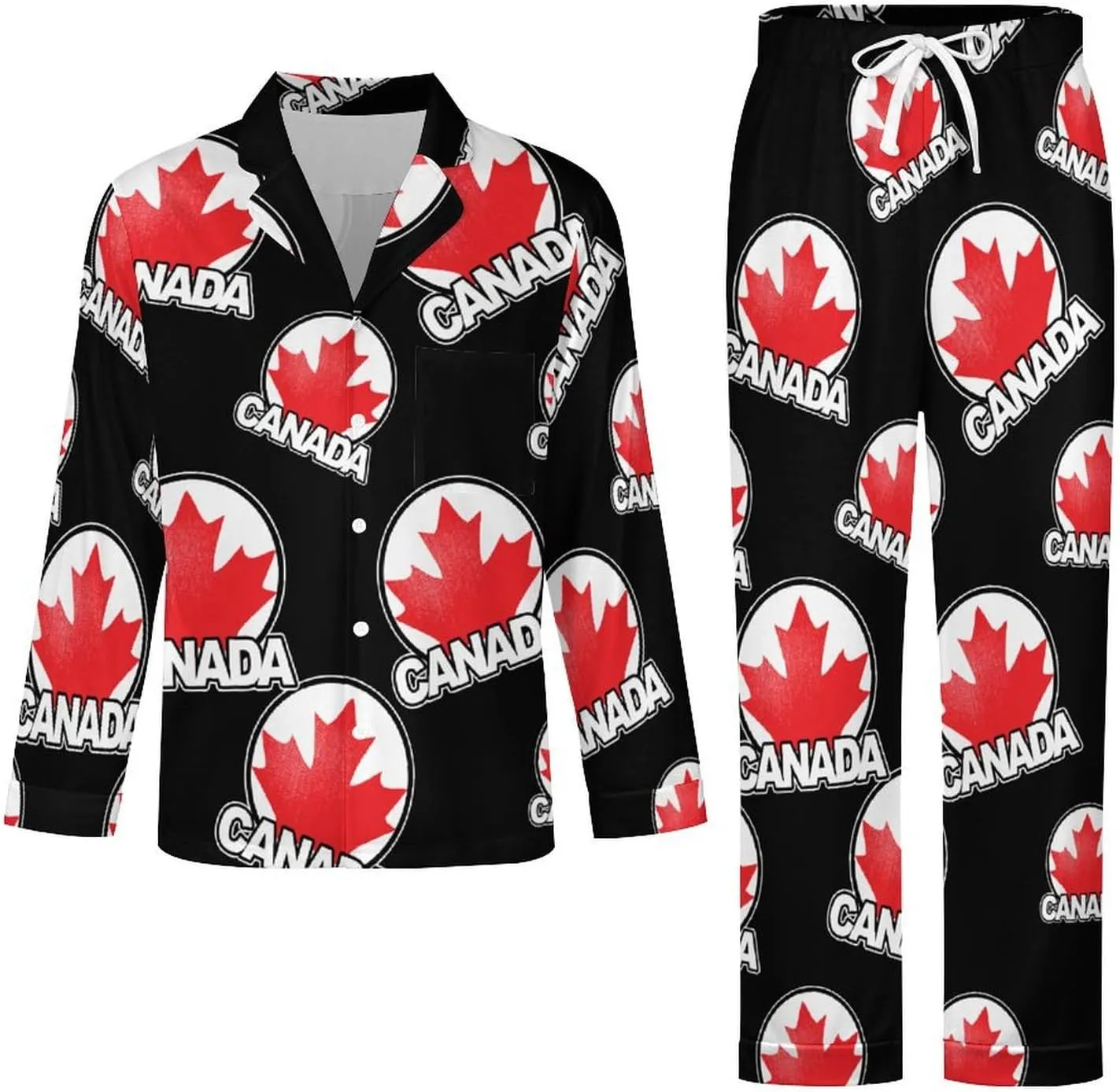 Canada Maple Leaf 2 PCS Men Pajama Set Long Sleeve Button-down Shirts Tops & Sleep Pants Loungewear