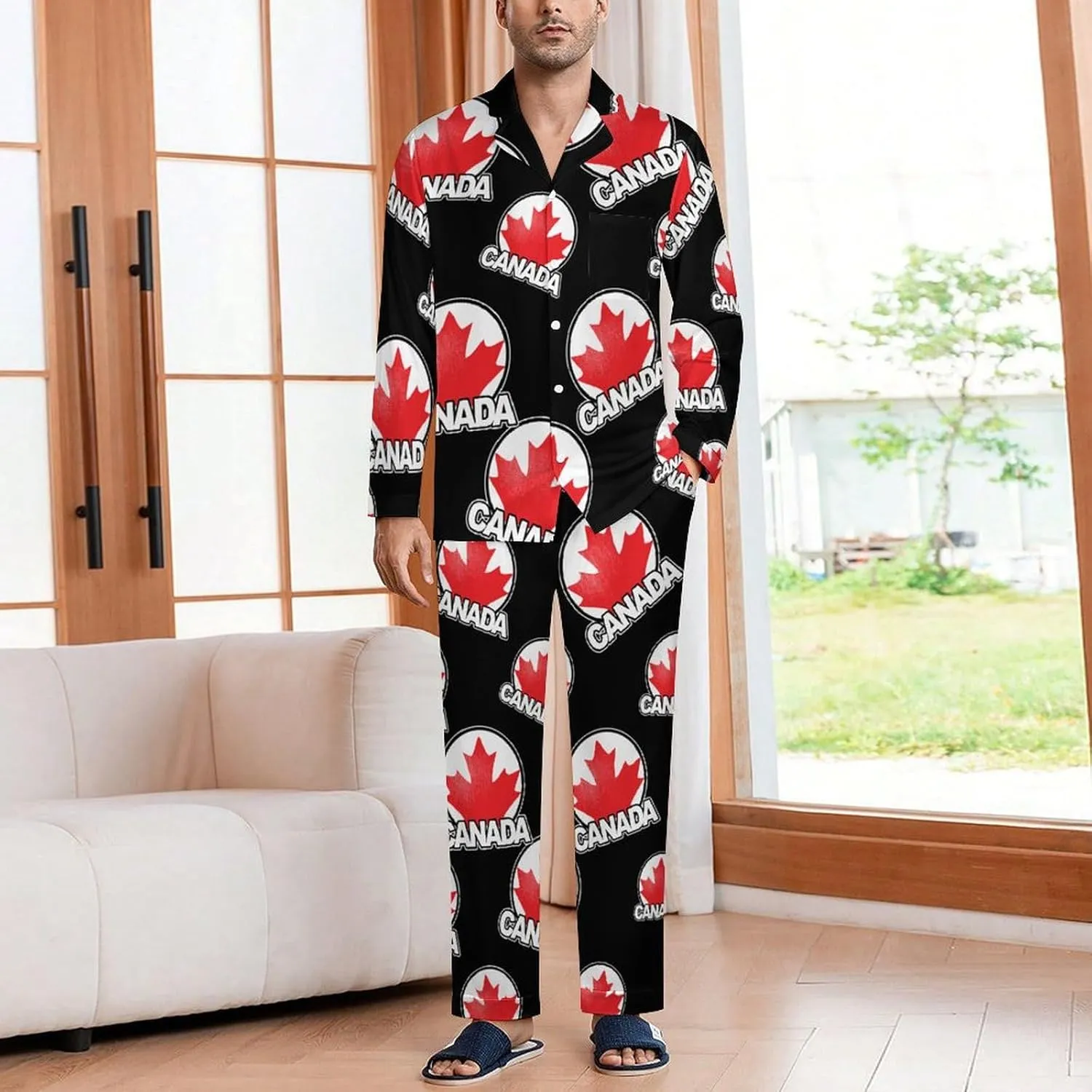 Canada Maple Leaf 2 PCS Men Pajama Set Long Sleeve Button-down Shirts Tops & Sleep Pants Loungewear
