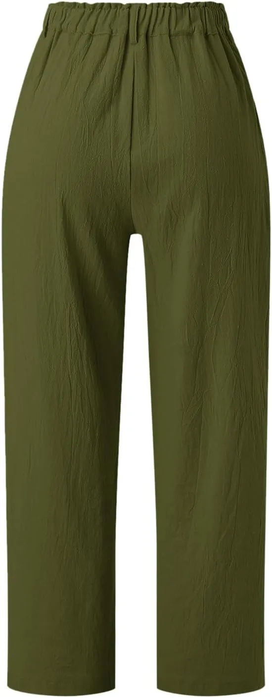 Capri Linen Pants for Women 2025 Summer Trendy Elastic High Waist Straight Leg Casual Pants Stretchy Loose Trousers