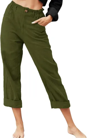 Capri Linen Pants for Women 2025 Summer Trendy Elastic High Waist Straight Leg Casual Pants Stretchy Loose Trousers