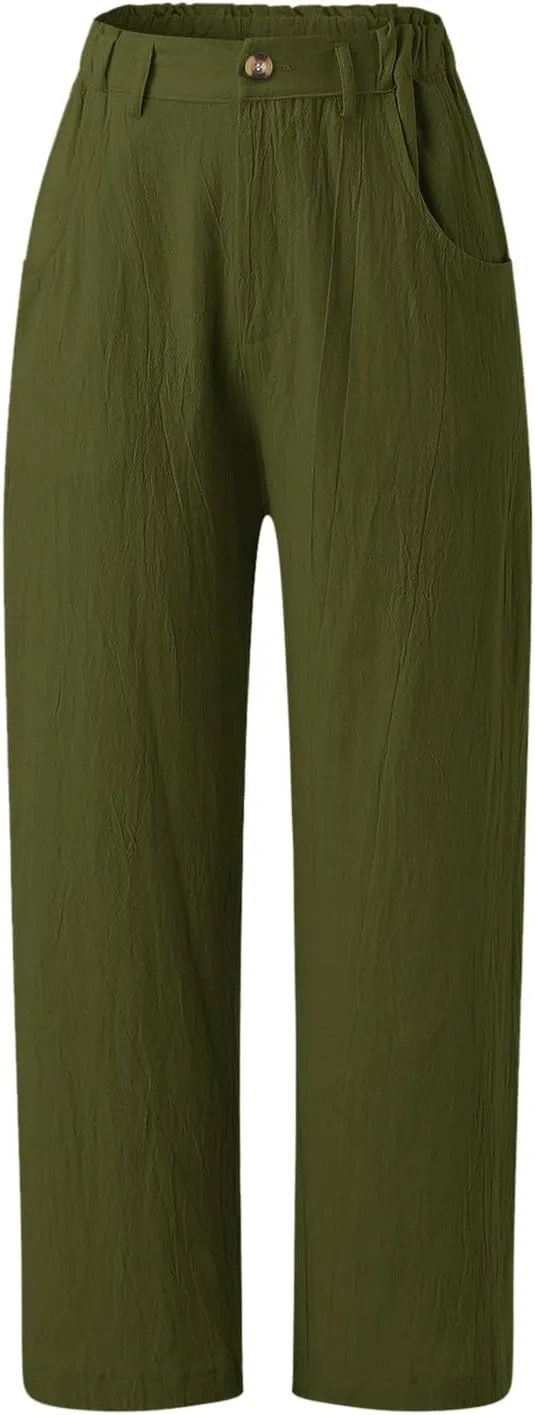 Capri Linen Pants for Women 2025 Summer Trendy Elastic High Waist Straight Leg Casual Pants Stretchy Loose Trousers