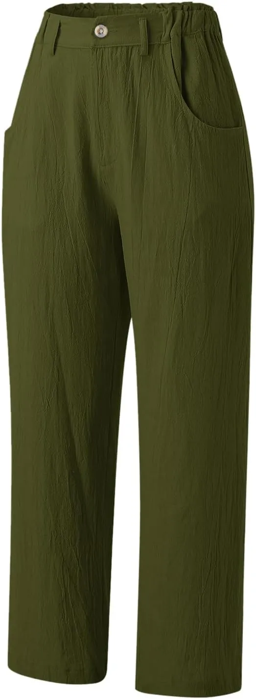 Capri Linen Pants for Women 2025 Summer Trendy Elastic High Waist Straight Leg Casual Pants Stretchy Loose Trousers