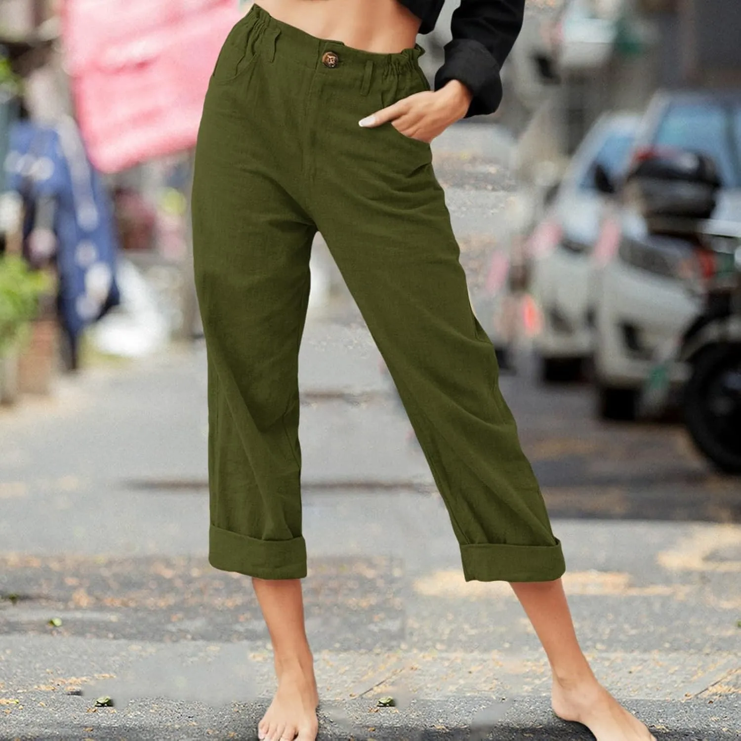 Capri Linen Pants for Women 2025 Summer Trendy Elastic High Waist Straight Leg Casual Pants Stretchy Loose Trousers