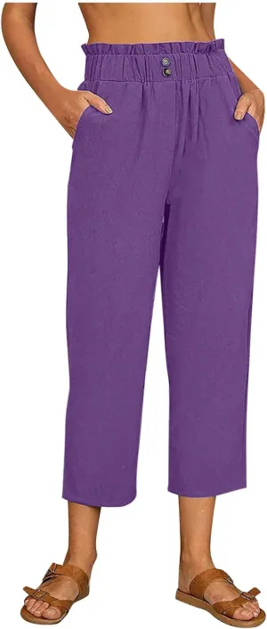 Capri Pants for Women Casual 2025 Summer Drawstring Elastic High Waist Linen Pant Straight Wide Leg Cropped Trousers