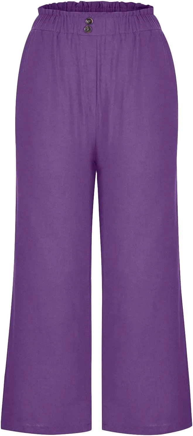 Capri Pants for Women Casual 2025 Summer Drawstring Elastic High Waist Linen Pant Straight Wide Leg Cropped Trousers