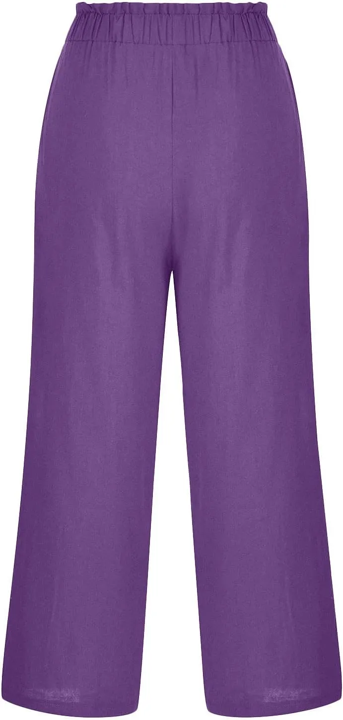 Capri Pants for Women Casual 2025 Summer Drawstring Elastic High Waist Linen Pant Straight Wide Leg Cropped Trousers