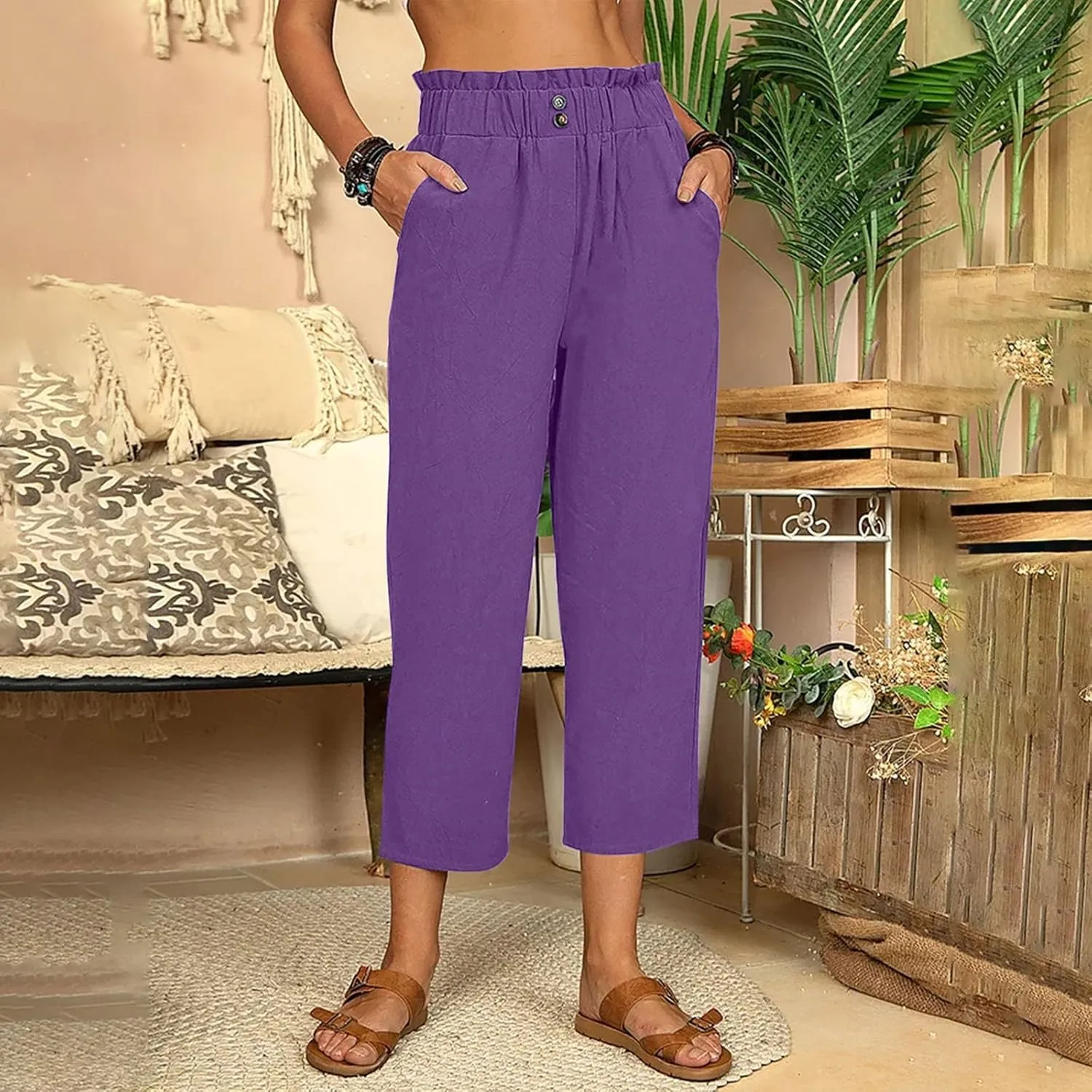 Capri Pants for Women Casual 2025 Summer Drawstring Elastic High Waist Linen Pant Straight Wide Leg Cropped Trousers