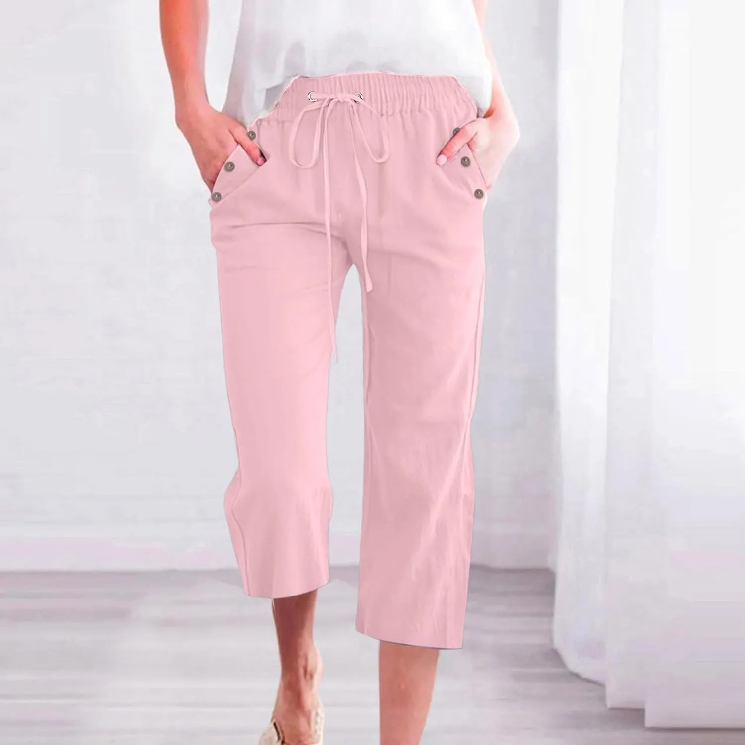 Capri Pants for Women Casual 2025 Summer Drawstring Elastic High Waist Linen Pant