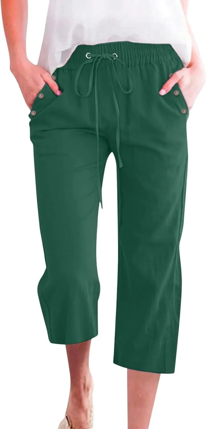 Capri Pants for Women Casual 2025 Summer Drawstring Elastic High Waist Linen Pant