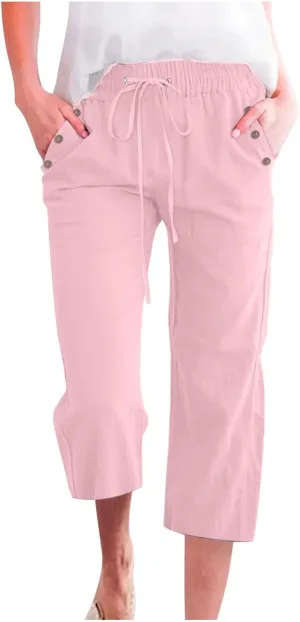 Capri Pants for Women Casual 2025 Summer Drawstring Elastic High Waist Linen Pant