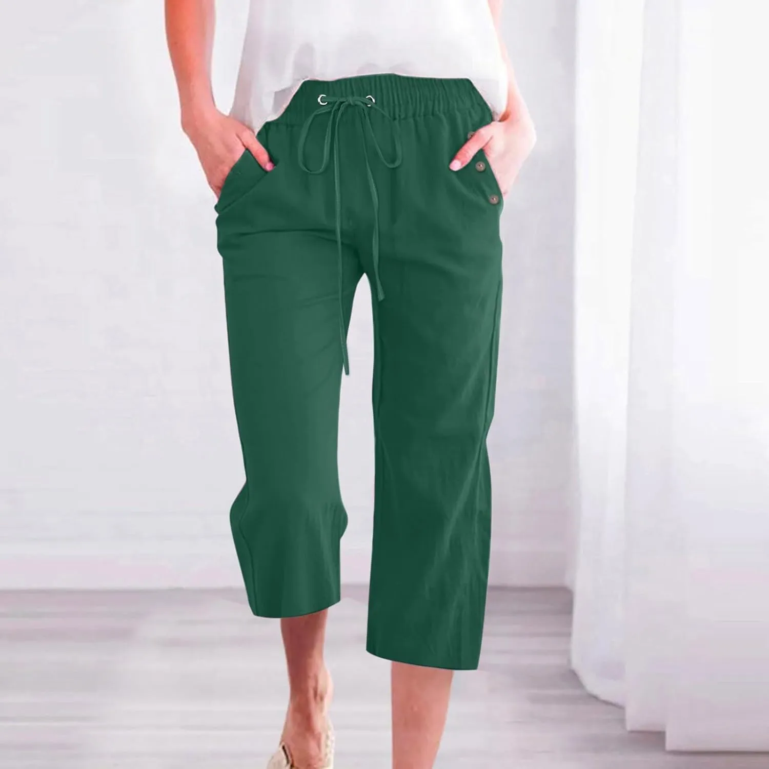 Capri Pants for Women Casual 2025 Summer Drawstring Elastic High Waist Linen Pant