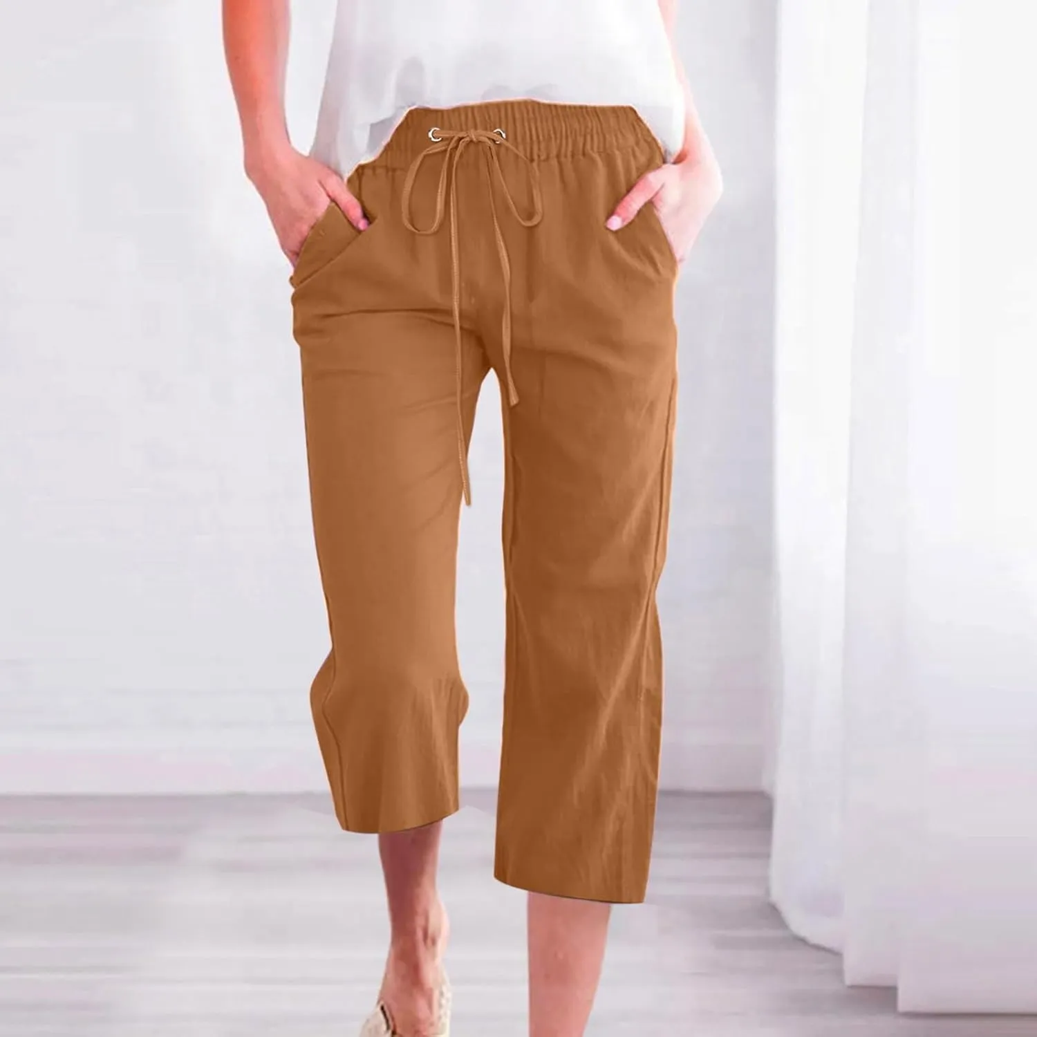 Capri Pants for Women Linen Casual High Waist Pant 2025 Summer Wide Leg Drawstring Elastic Plus Size Lounge Trouser