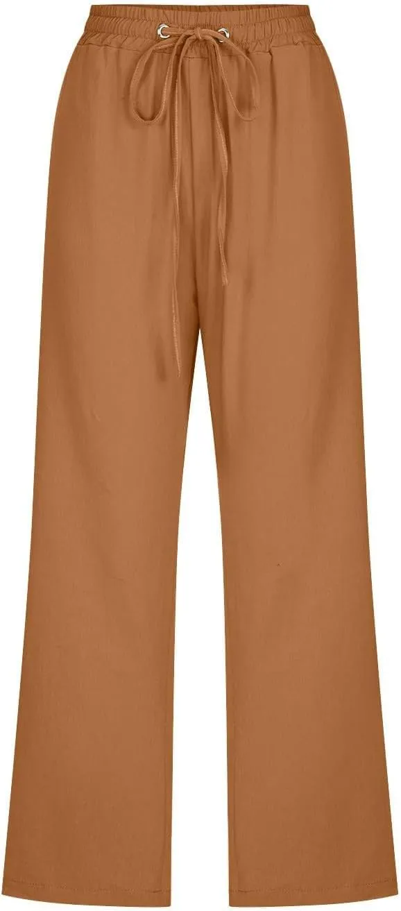 Capri Pants for Women Linen Casual High Waist Pant 2025 Summer Wide Leg Drawstring Elastic Plus Size Lounge Trouser