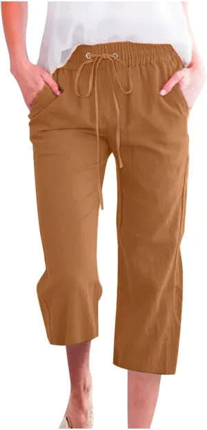 Capri Pants for Women Linen Casual High Waist Pant 2025 Summer Wide Leg Drawstring Elastic Plus Size Lounge Trouser
