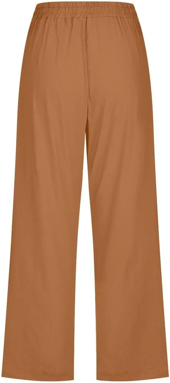 Capri Pants for Women Linen Casual High Waist Pant 2025 Summer Wide Leg Drawstring Elastic Plus Size Lounge Trouser