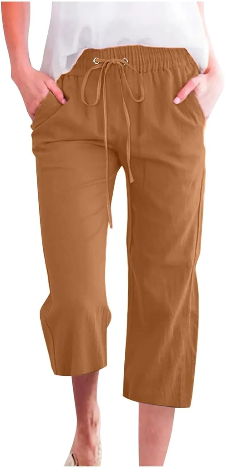 Capri Pants for Women Linen Casual High Waist Pant 2025 Summer Wide Leg Drawstring Elastic Plus Size Lounge Trouser