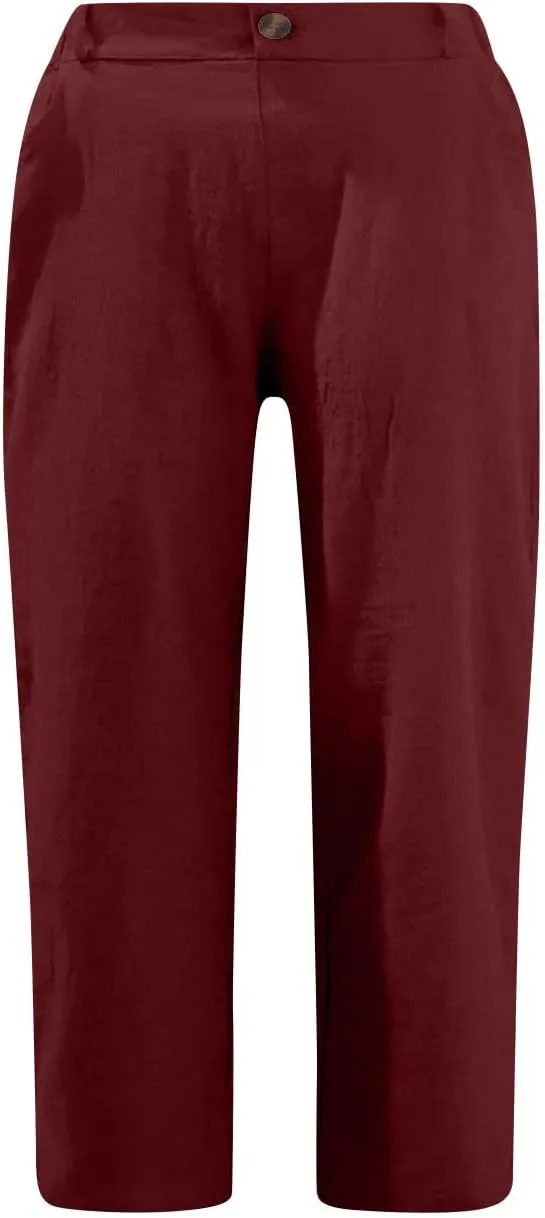 Capri Pants for Women Petite 2024 Solid Color Wed Leg Cropped Trouser with Pockets Elastic Waisted Summer Beach Pants
