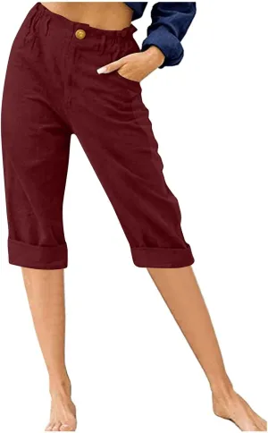 Capri Pants for Women Petite 2024 Solid Color Wed Leg Cropped Trouser with Pockets Elastic Waisted Summer Beach Pants