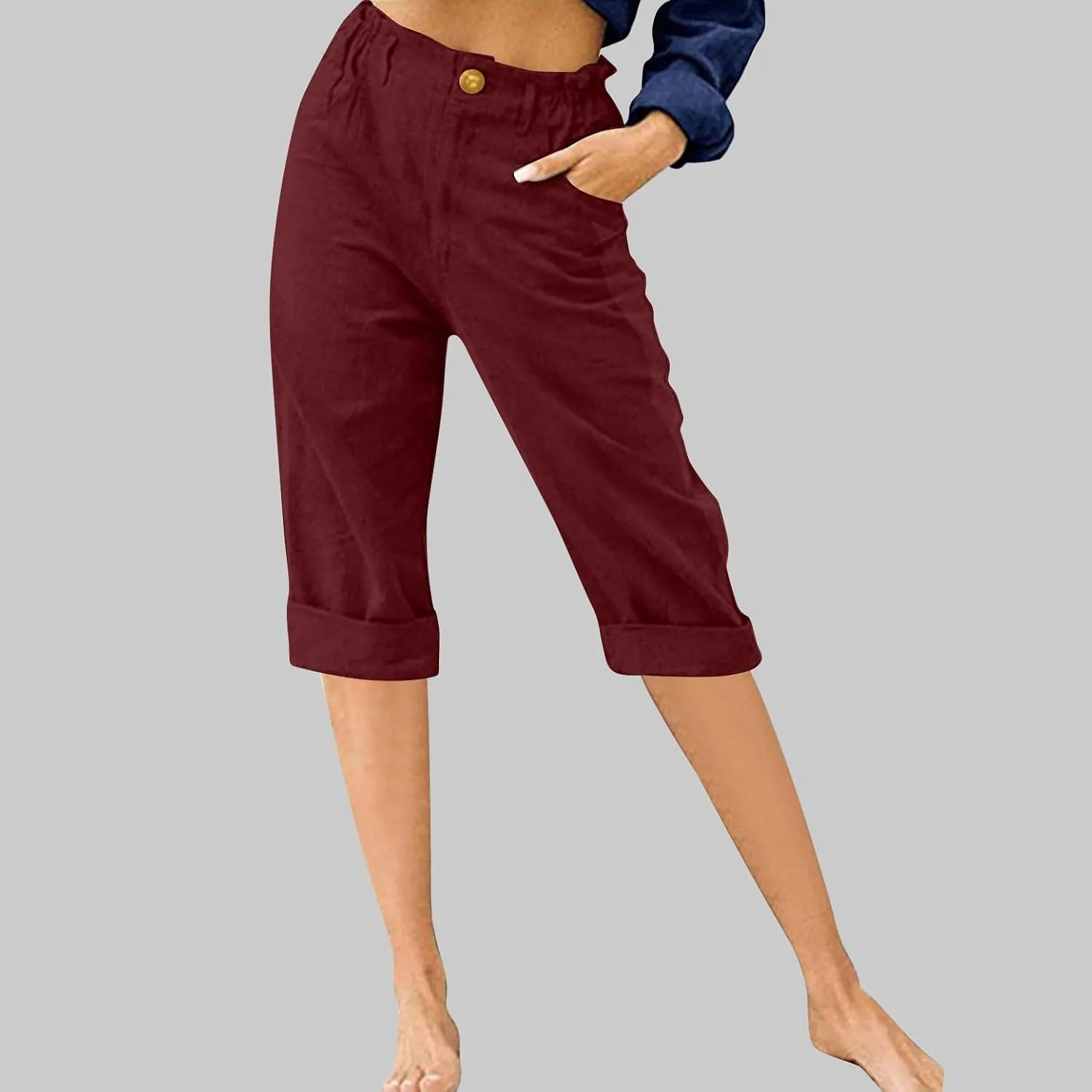 Capri Pants for Women Petite 2024 Solid Color Wed Leg Cropped Trouser with Pockets Elastic Waisted Summer Beach Pants