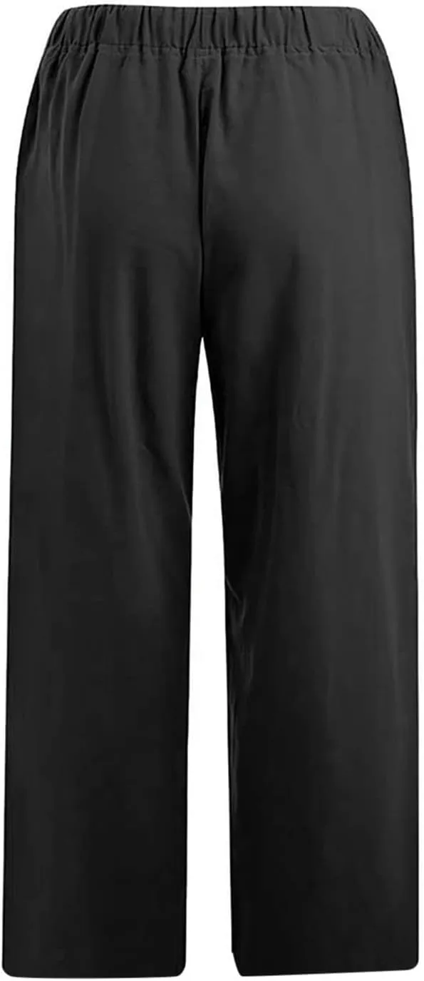 Capri Pants for Women Summer Drawstring Elastic High Waist Cotton Linen Wide Leg Trouser, Small-5X-Large