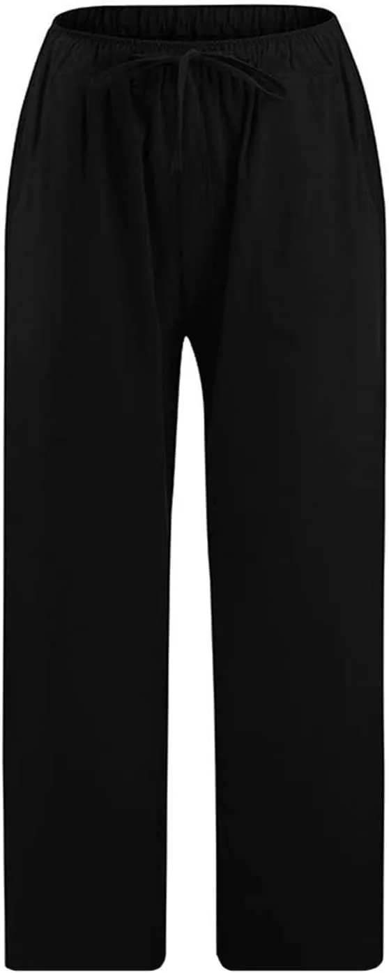 Capri Pants for Women Summer Drawstring Elastic High Waist Cotton Linen Wide Leg Trouser, Small-5X-Large