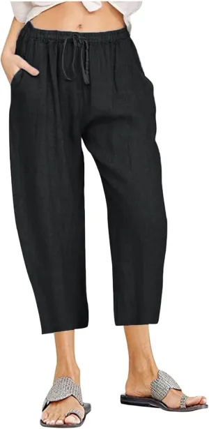 Capri Pants for Women Summer Drawstring Elastic High Waist Cotton Linen Wide Leg Trouser, Small-5X-Large