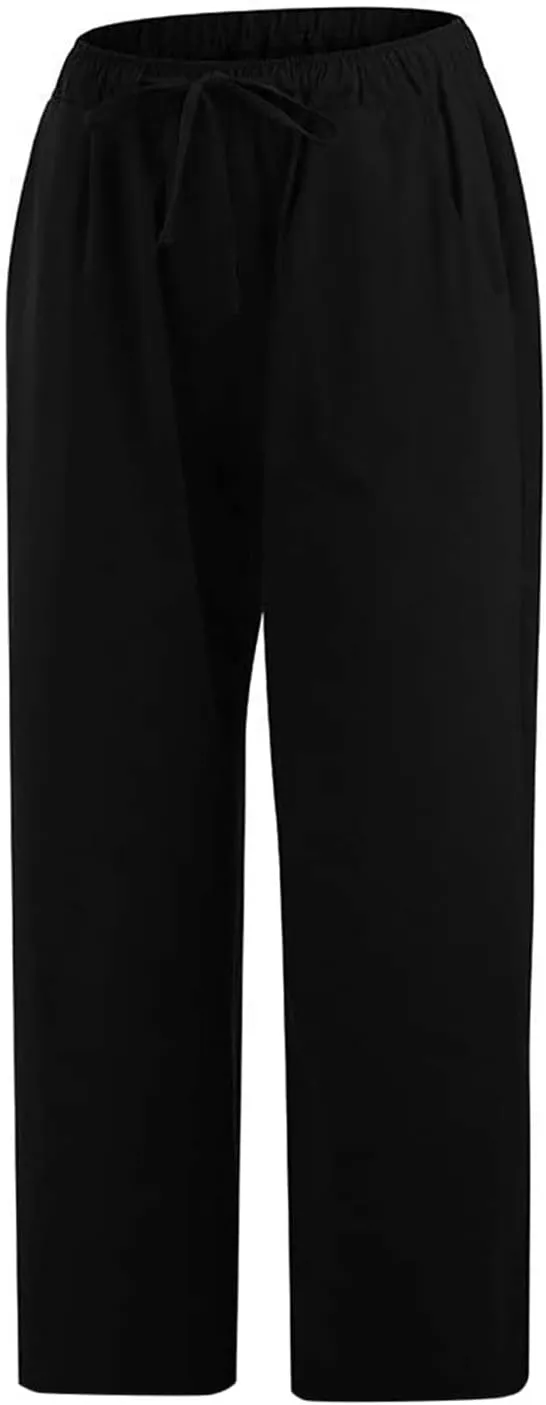 Capri Pants for Women Summer Drawstring Elastic High Waist Cotton Linen Wide Leg Trouser, Small-5X-Large