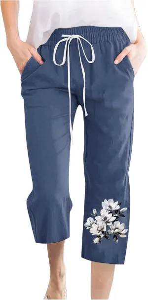 Capris Pants for Women Floral Print Comfy Drawstring Linen Pants High Waist Straight Leg Trousers with Pockets