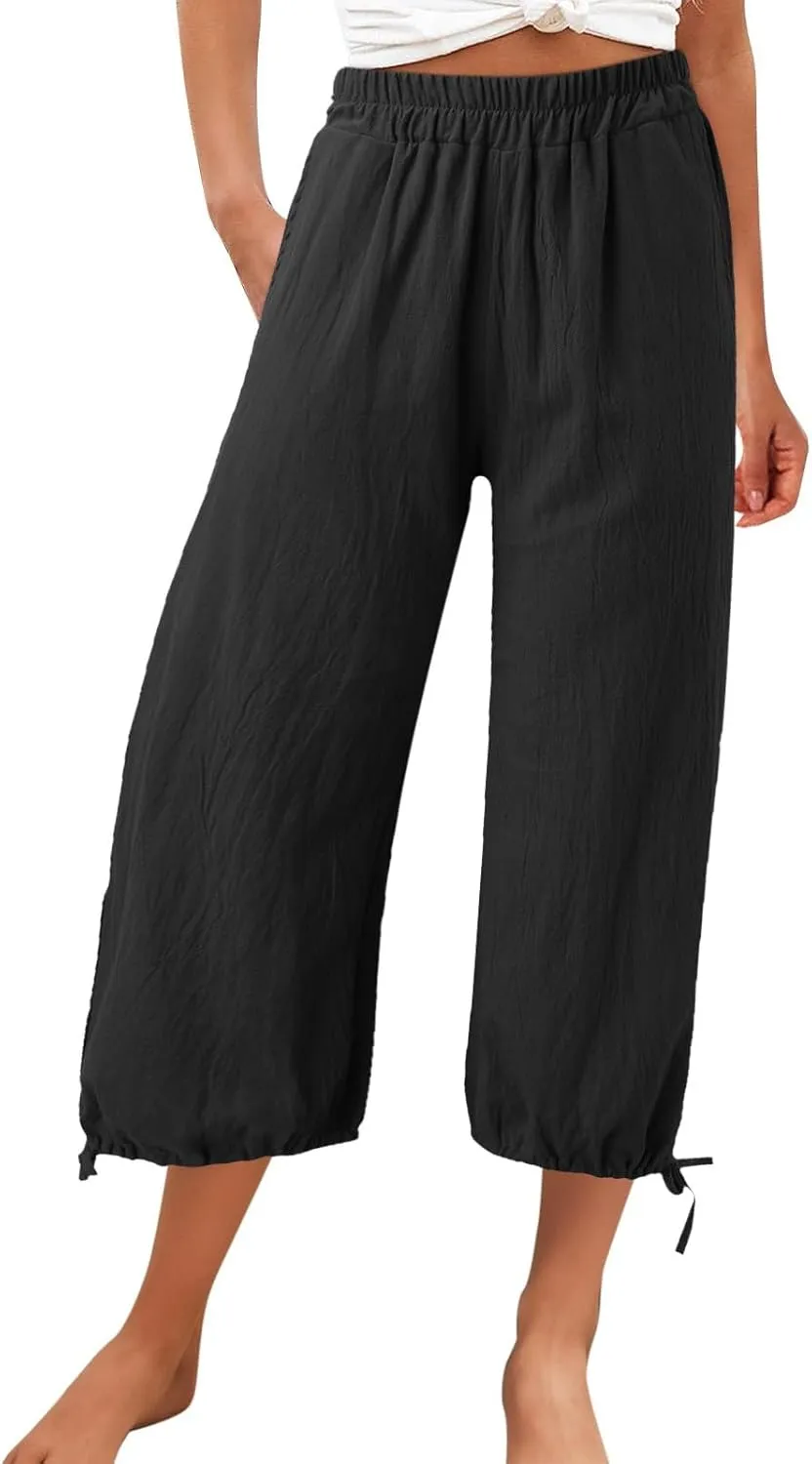 Capris Pants for Women Linen 2025 Casual Summer Straight Wide Leg Loose Smocked Elastic High Waist Cropped Trouser