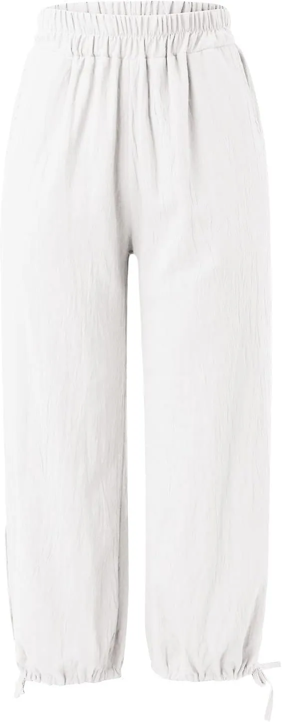 Capris Pants for Women Linen 2025 Casual Summer Straight Wide Leg Loose Smocked Elastic High Waist Cropped Trouser