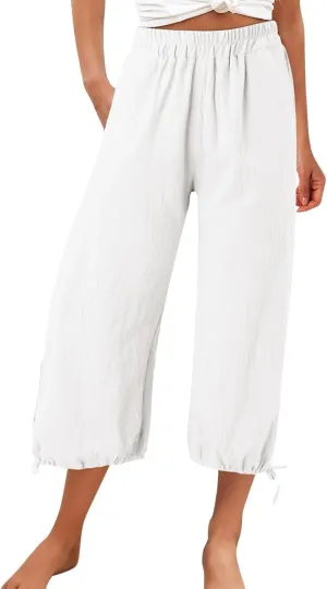 Capris Pants for Women Linen 2025 Casual Summer Straight Wide Leg Loose Smocked Elastic High Waist Cropped Trouser