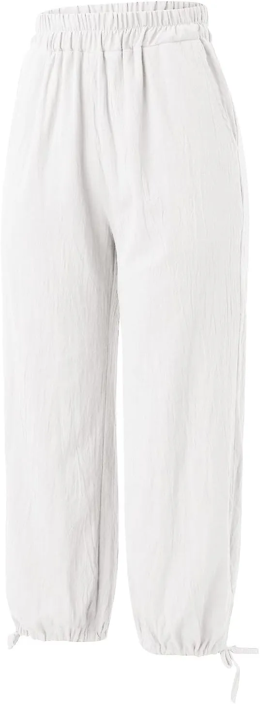 Capris Pants for Women Linen 2025 Casual Summer Straight Wide Leg Loose Smocked Elastic High Waist Cropped Trouser