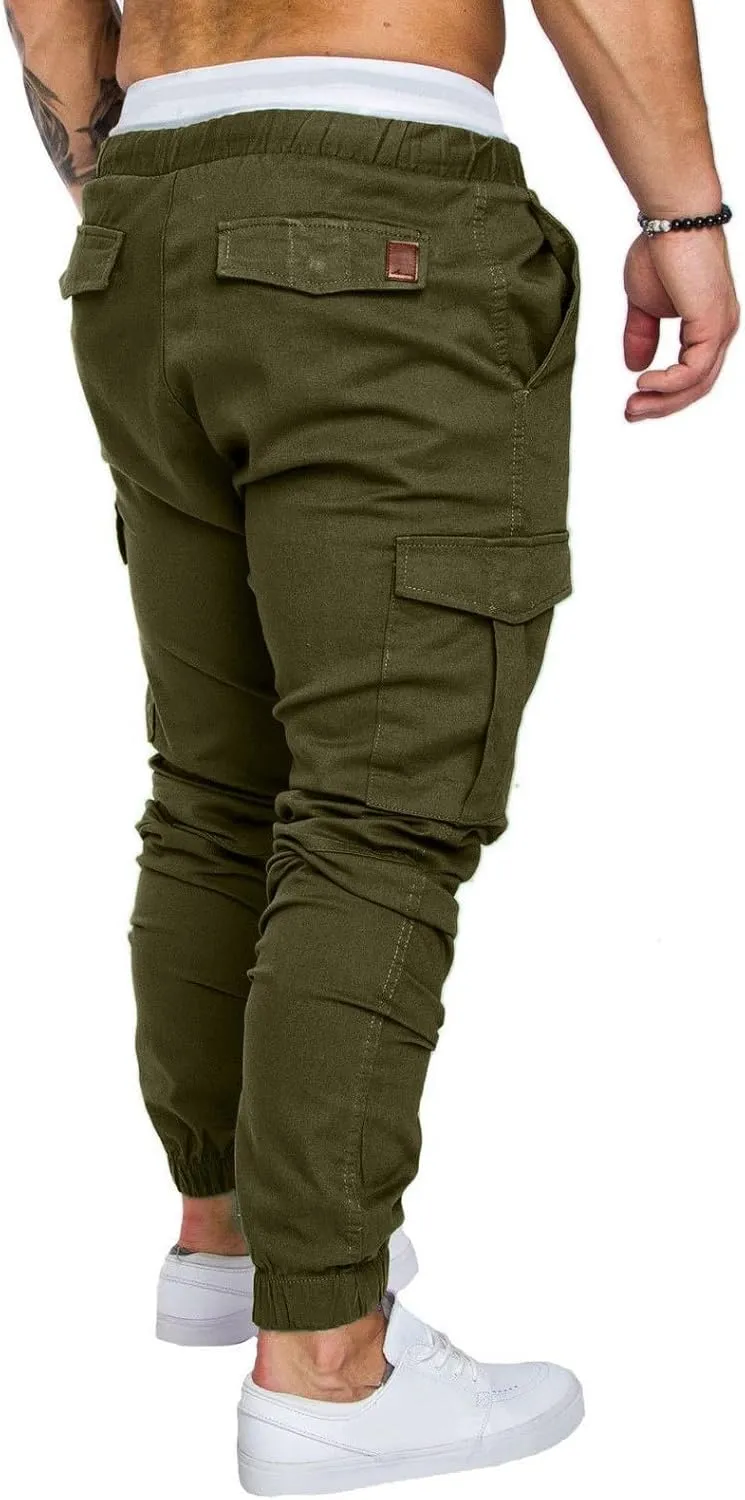 Cargo Pants for Men Regular Fit Drawstring Slacks Tapered Cotton Elastic Waist Multi Pockets Solid Sweatpants
